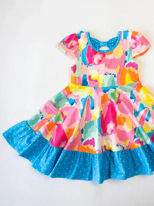 6.13 GSD2610 Baby Girls Short Sleeves Watercolor Camo Pockets Ruffle Knee Length Dresses Preorder