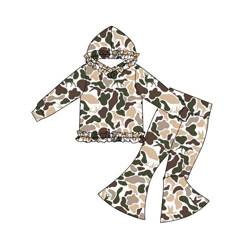 11.3 GLP3079 Baby Girls Ducks Deer Camo Ruffle Hoodies Bell Bottom Pants Southern Clothes Sets Preorder