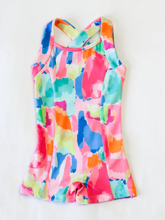 6.13 SR3134 Baby Girls Strap Watercolor Camo Yoga Short Jumpsuits Preorder