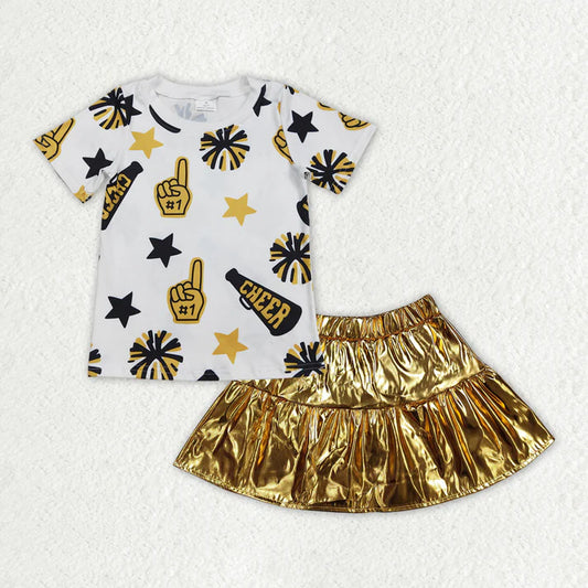 3.14 GT0939+GLK0043 Baby Girls Cheer Shirt Golden Leather Skirts Clothes Set
