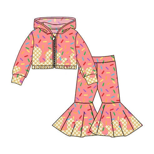 8.9 Custom Moq 5 Baby Girls Peach Long Sleeves Drip Zipper Jacket Top Bell Bottom Pant Team Clothes Sets