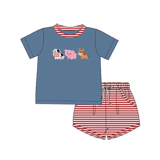 L-3.4 BSSO1295 Baby Boys Blue Farm Animals Shirt Stripes Shorts Clothes Sets Preorder