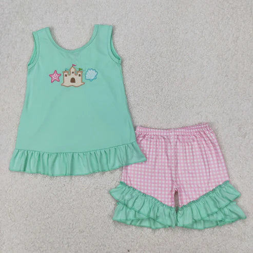 4.2 GSSO1983 Embroidery Baby Girls Castle Star Bows Tunic Ruffle Shorts Set
