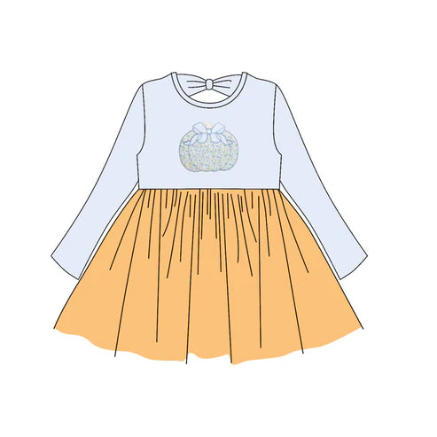 6.27 GLD1165 Baby Girls Light Blue Long Sleeves Floral Pumpkin Knee Length Dresses Preorder