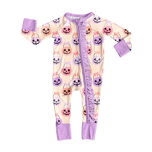 8.5 LR2535 Baby Girls Ghost Pumpkins Plaid Halloween Zipper Footie Rompers Preorder