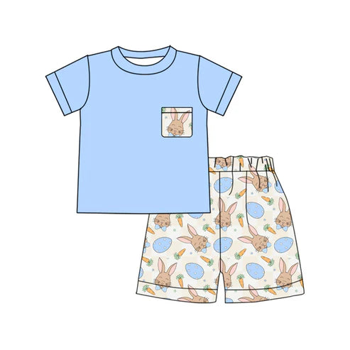 10.21 BSSO1561 Baby Boys Blue Short Sleeve Pocket Top Rabbits Eggs Shorts Easter Clothes Sets