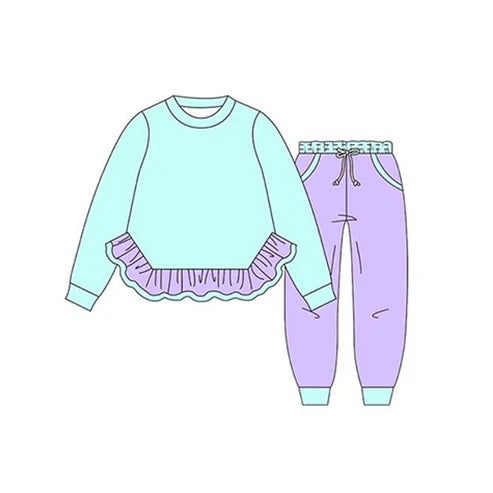 6.7 GLP2402 Baby Girls Aqua Long Sleeves Ruffle Top Lavender Pockets Legging Pant Set Preorder