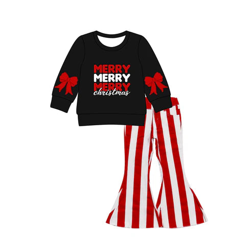 8.14 GLP2703 Baby Girls Black Merry Christmas Top Stripe Denim Pants Clothes Set Preorder