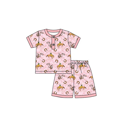 6.19  GSSO2620 Baby Girls Pink Short Sleeves Horse Rodeos Button Top Short Pajamas Set Preorder