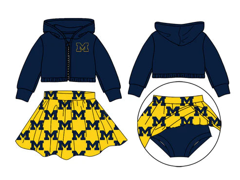 8.9 Custom Moq 5 Baby Girls Navy Long Sleeves M Zipper Hoodies Plaid Skorts Team Set
