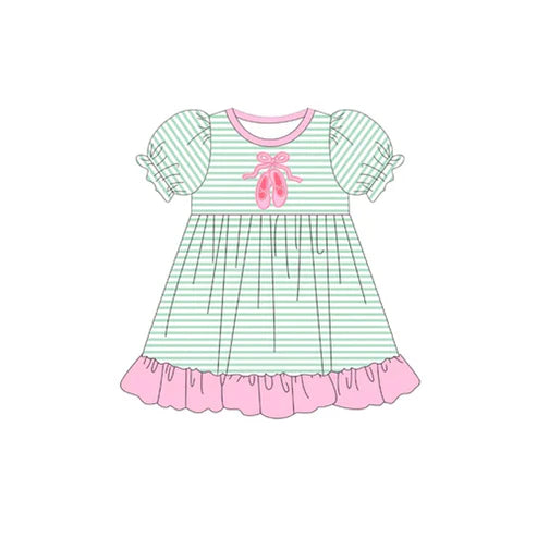 6.6   GSD2641 Baby Girls Aqua Stripe Short Ruffle Sleeves Bow Shoes Knee Length Dresses Preorder