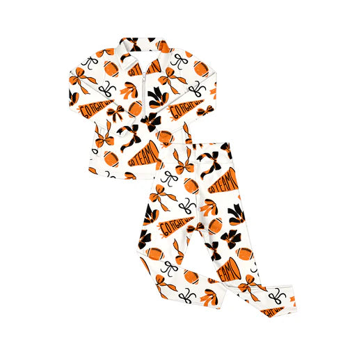 8.29 GLP2760 Baby Girls Orange Bows Footballs Go Teams Pockets Zip Pullovers Leggings Team Yoga Set