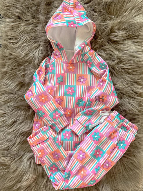 9.19 GLP2853 Baby Girls Flowers Checked Hoodies Pockets Pants Clothes Sets Preorder