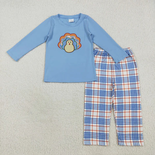 8.2 BLP1079 Embroidery Baby Boys Blue Long Sleeves Turkey Top Plaid Flame Pant Set