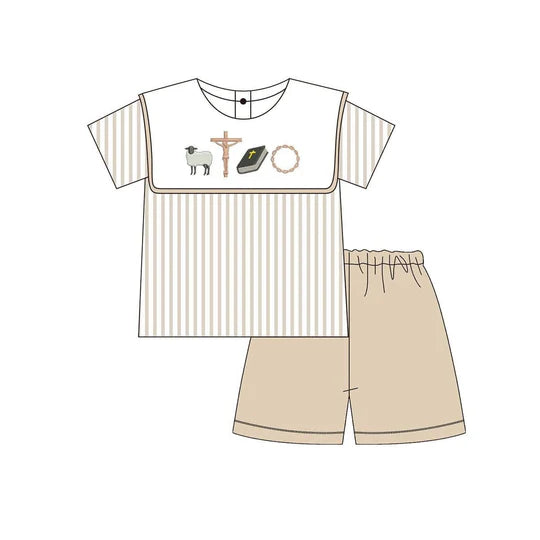 12.11 MOQ：5pcs BSSO1777 pre-order baby boy clothes cross print toddler boy easter summer outfit