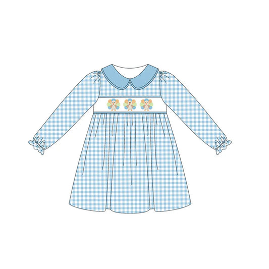 6.14  GLD1070 Baby Girls Blue Long Sleeves Plaid Turkey Ruffle Knee Length Dress Preorder