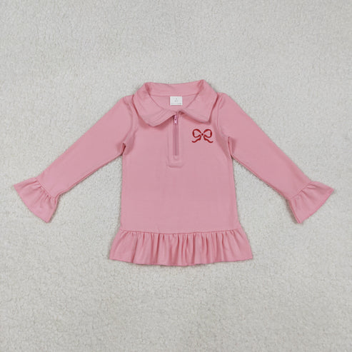 11.18  GT1270 Embroidery Baby Girls Long Ruffle Sleeve Bows Zipper Valentine Pullovers Top