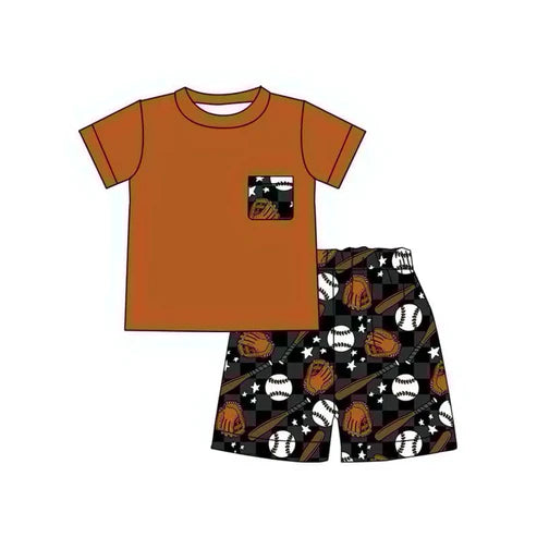 4.30  Custom Baby Boys Brown Short Sleeves Pocket Top Stars Baseball Short Set (MOQ 3)
