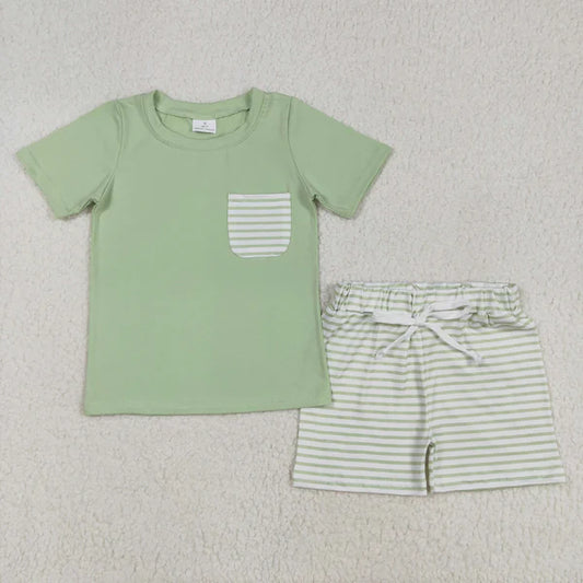 L-3.6 BSSO1103 Baby Boys Spring Green Shirts Stripes Shorts Clothes Set