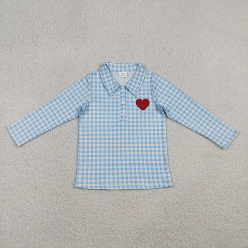 10.30 BT1386 Embroidery Baby Boys Blue Checked Valentine Hearts Button Polo Shirts Top