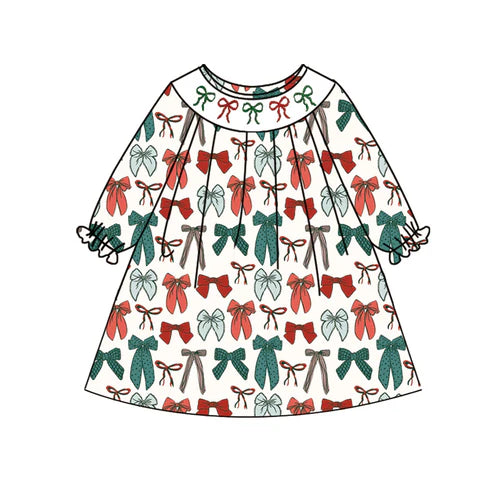 3.29 GLD1028 Baby Girls Long Ruffle Sleeves Colorful Bows Smocked Knee Length Dresses Preorder