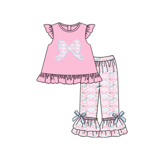 6.14  GSPO2033 Baby Girls Pink Flutter Sleeves Flower Bows Tunic Ruffle Pants Clothes Set Preorder