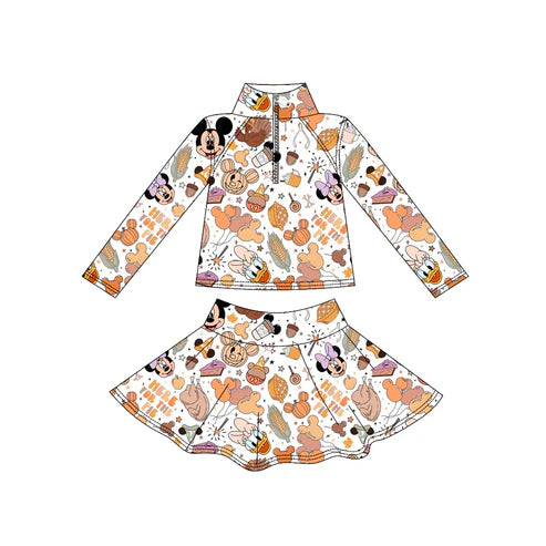9.8 Custom Moq 5 Baby Girls Long Sleeve Cartoon Orange Zip Pullover Skorts Yoga Clothes Sets