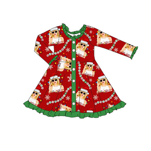 5.30 GLD0924 Baby Girls Christmas Singer Buttons Knee Length Dresses Preorder