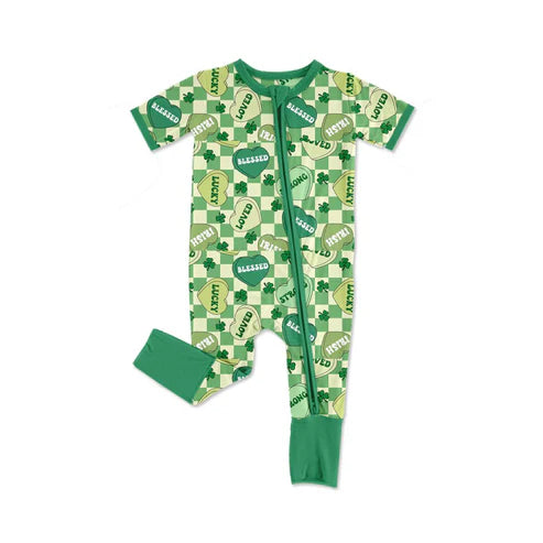 9.30 SR3238 Baby Girls Green Checked Clovers Hearts St Patrick Zipper Rompers Preorder