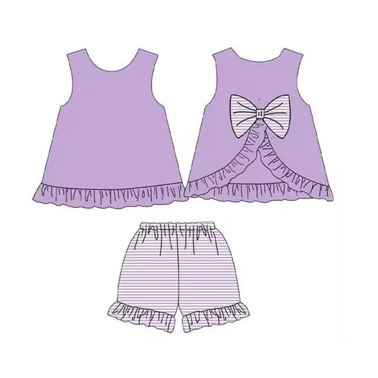 3.27 GSSO2398 Baby Girls Lavender Sleeveless Bows Tunic Stripe Ruffle Short Set Preorder