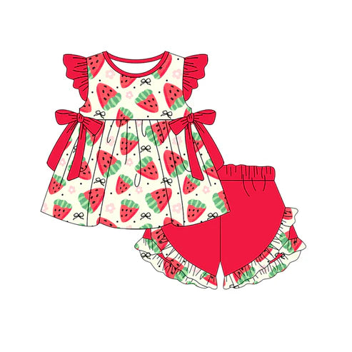 4.19GSSO2559  Baby Girls Red Flutter Sleeves Bows Strawberry Tunic Ruffle Short Set Preorder