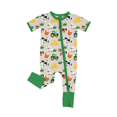 5.22 SR3108 Baby Infant Boys Green Short Sleeves Chicks Ships Zipper Farm Rompers Preorder