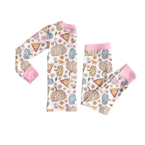 6.6  GLP2417 Baby Girls Long Sleeves Flowers Pumpkins Cakes Top Pant Pajamas Set Preorder