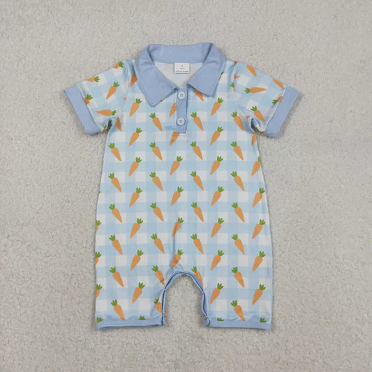 12.13 SR3254 Baby Boys Blue Checked Carrots Easter Button Shorts Romper