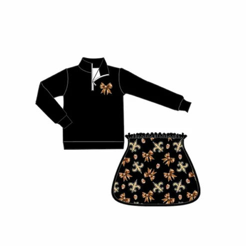 8.16 Custom Moq 5 Baby Girls Black Bows Zip Pullovers Footballs Tridend Skort Team Clothes Sets