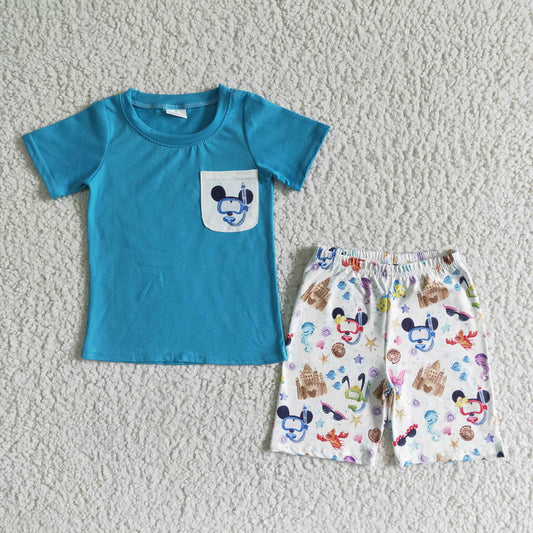 BSSO0038 Boys blue pocket short sleeve cartoon shorts set