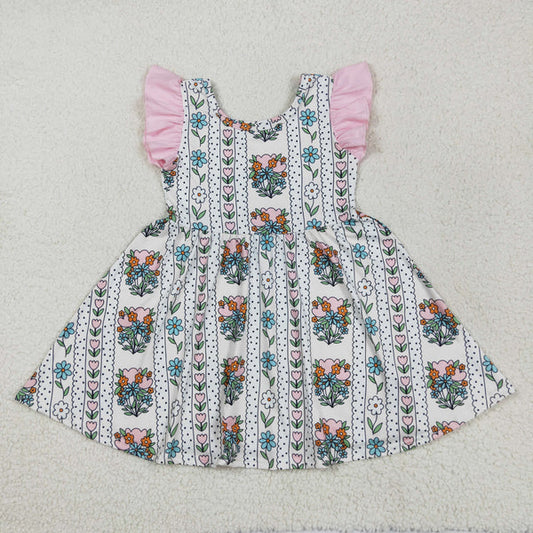 5.27 GSD2527 Baby Girls Pink Flutter Sleeves Floral Stripe Knee Length Dress