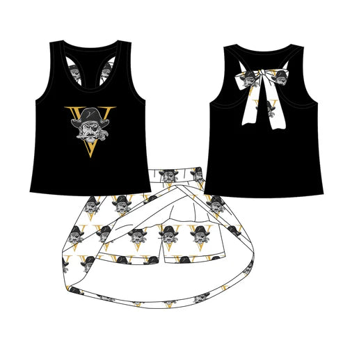 8.1 Custom Moq 5 Baby Girls V Black bow vest team Top Skirt Skort Sets