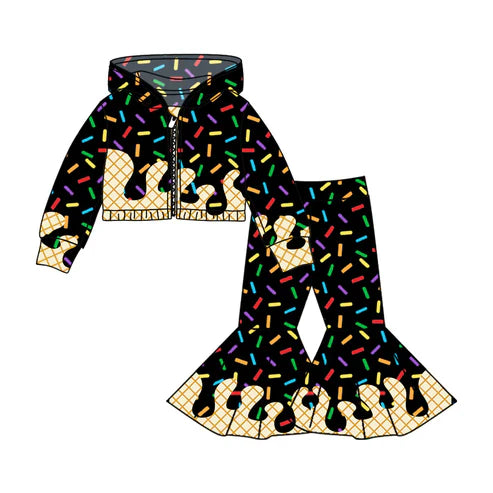 8.11 Custom Moq 5 Baby Girls Black Long Sleeves Drip Zipper Jacket Top Bell Bottom Pant Team Clothes Sets