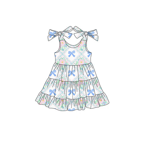 4.16 GSD2400 Baby Girls Strap Blue Bows Floral Knee Length Dresses Preorder