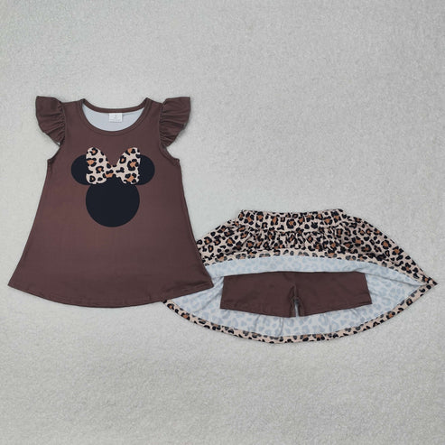 GSD1664 Baby Girls Leopard Cartoon Flutter Sleeve Shirt Skort Clothes Set