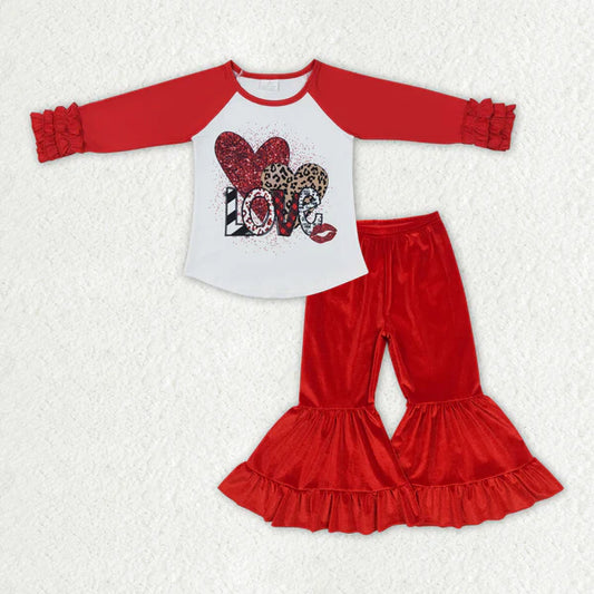 3.18 GT0072+P0417 Baby Girls Valentines Hearts Shirt Top Red Velvet Bell Pants Clothes Set