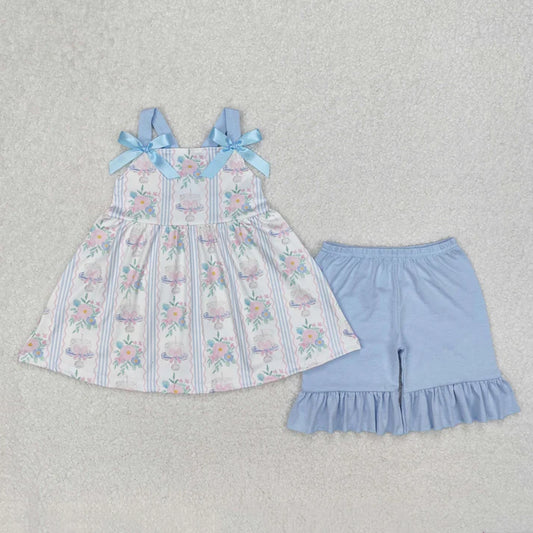 3.14 GSSO2087 Baby Girls Flowers Cakes Straps Bows Top Shorts Clothes Set