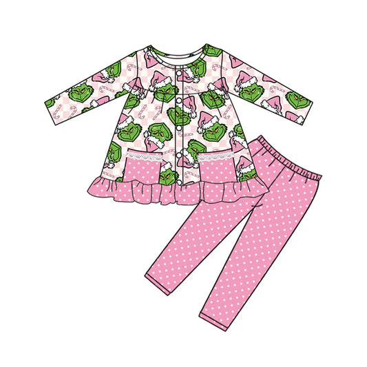8.23  GLP2727 Baby Girls Green Face Pockets Button Tunic Polka Dots Legging Christmas Set Preorder
