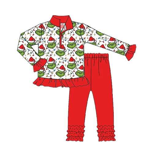 8.18 GLP2714 Baby Girls Christmas Lights Green Faces Plaid Zipper Pullover Legging Pants Set Preorder