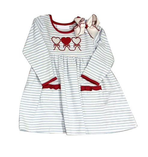 5.26 GLD0884 Baby Girls Valentines Hearts Grey Stripes Knee Length Dresses Preorder