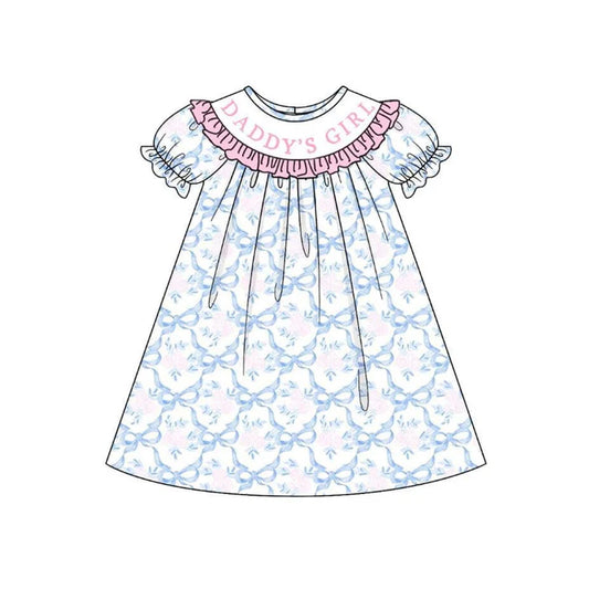 3.23  GSD2226 Baby Girls Short Ruffle Sleeves Blue Bows DADDY'S GIRL Knee Length Dresses Preorder