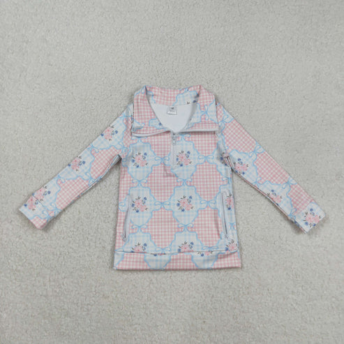 8.25 GT1062 Baby Girls Long Sleeves Pink Flowers Plaid Pockets Zipper Yoga Jackets