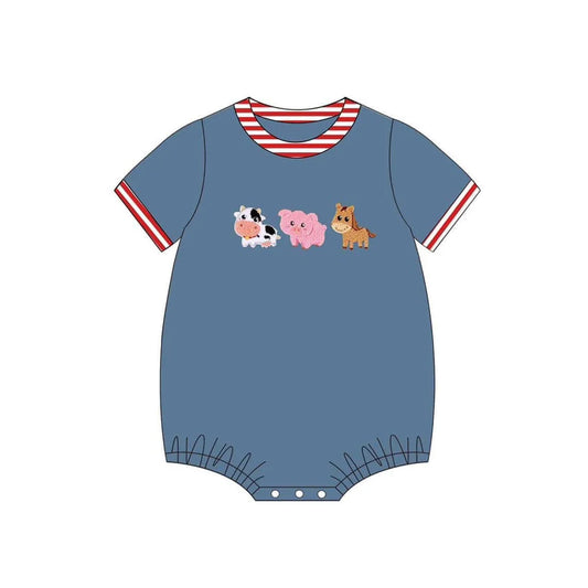 L-3.4 SR2722 Baby Infant Boys Blue Farm Animals Short Sleeve Rompers preorder