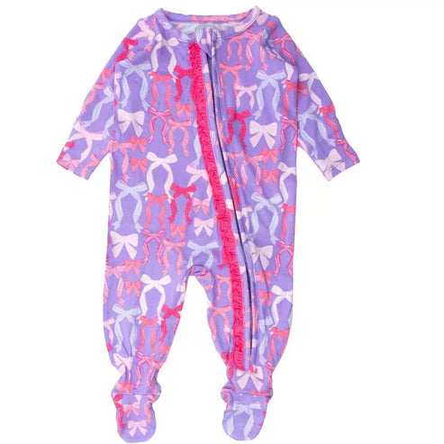 8.29  LR2610 Baby Girls Lavender Bows Plaid Zipper Footed Rompers Preorder